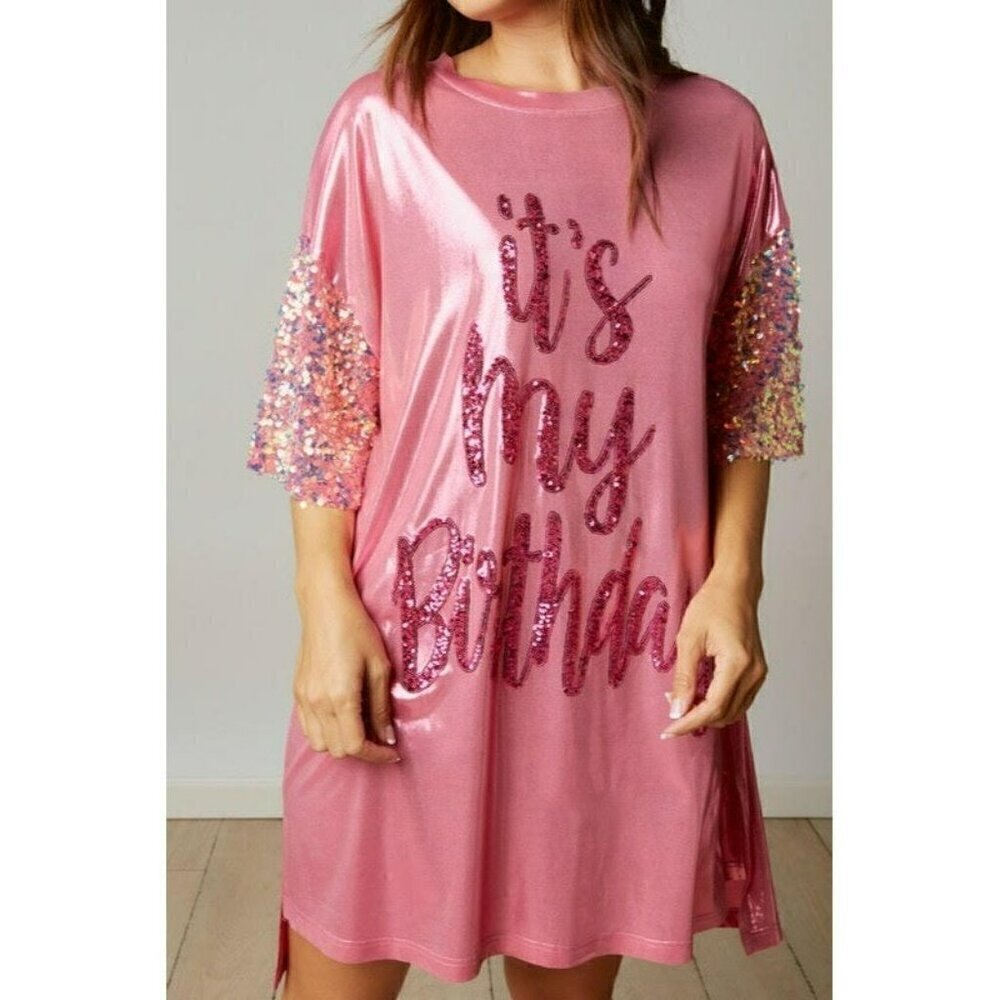 Birthday Queen Foil Sequin Dress in Pink - Picture 4 of 11